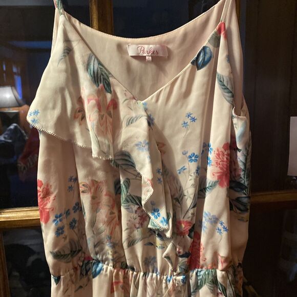 PARKER 100% Silk Size S FLORAL ASYMMETRICAL RUFFLE DRESS MELLOW MEADOW MULTI - Picture 2 of 10